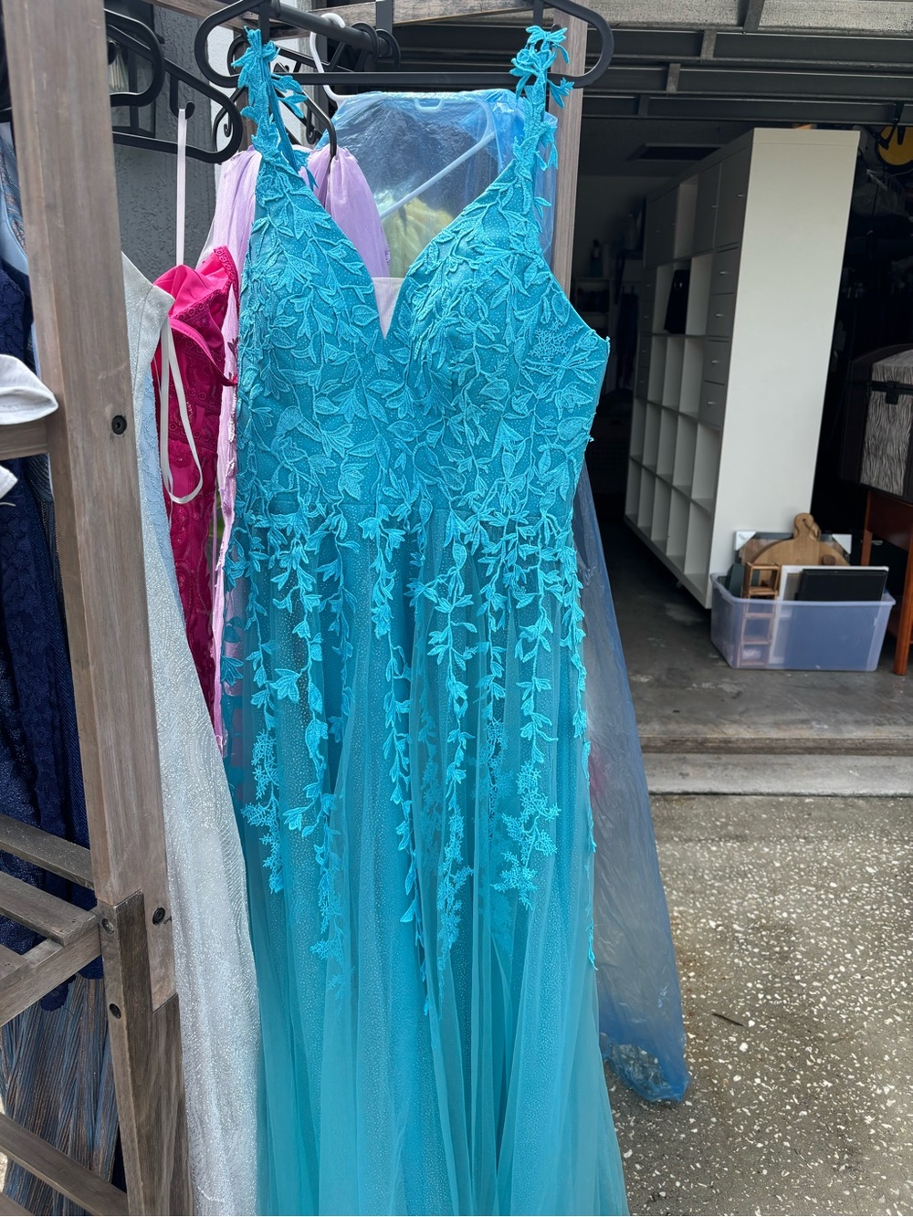 Aqua Floral Appliqué Tulle Prom/ Formal Dress